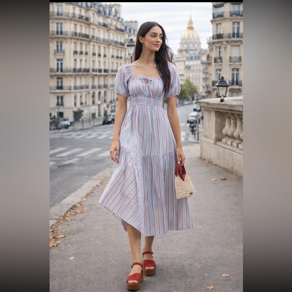 Anthropologie NWT Pink City Prints Katie Sweetheart Tiered Midi Dress size S.